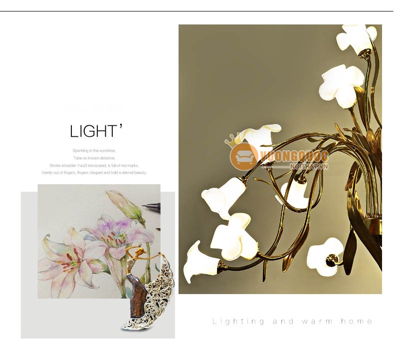 Đèn chùm đồng nhập khẩu hoa nhài trắng abr104-6